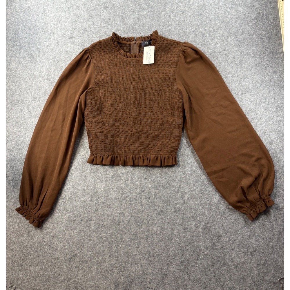 KLD NWT Brown Smocked Crop Top Balloon Sleeve Ruffle Neck Mia Moda Boutique S